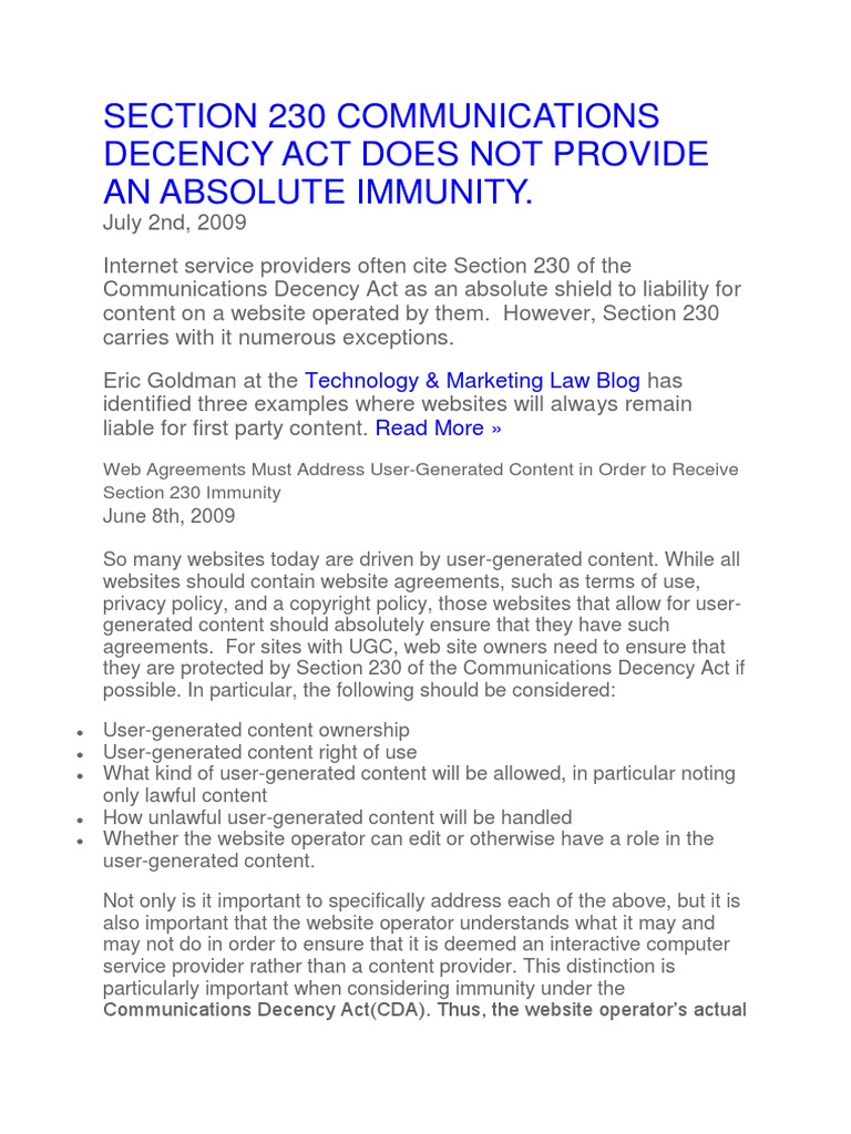 Section 230 Communications Decency Act Does Not Provide An Absolute