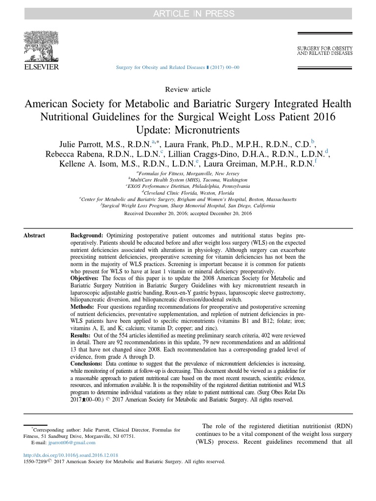 ASMBS Nutritional Guidelines 2016 Update PDF Bariatric Surgery