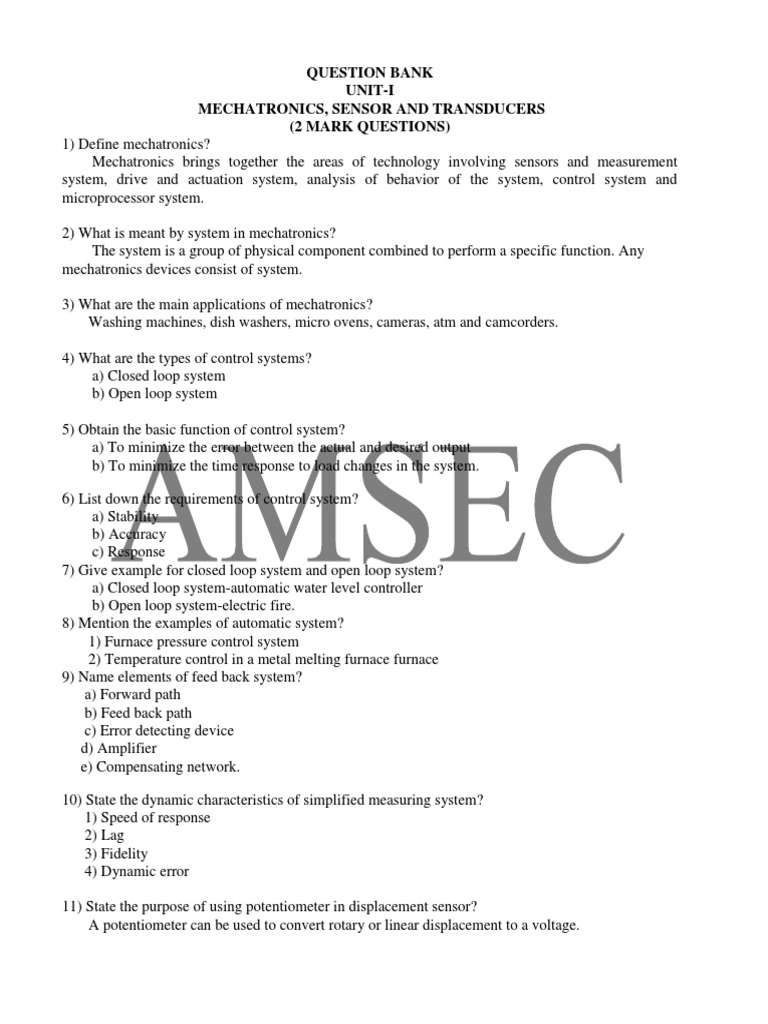 Question Bank UnitI Mechatronics, Sensor and Transducers (2 Mark