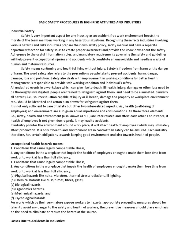 Basic Safety Procedures in High Risk Activities and Industries | PDF
