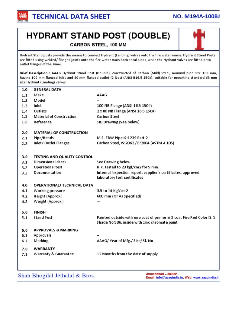 Hydrant Stand Post (Double) Technical Data Sheet Pipe (Fluid