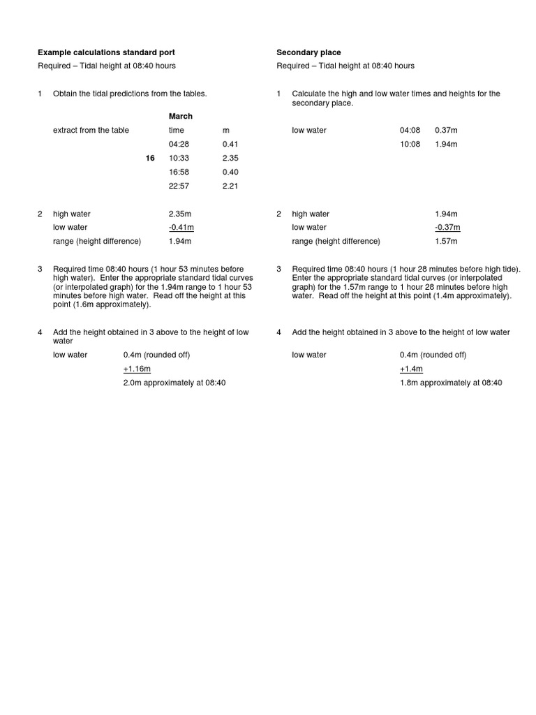Tide Height Calculation Example | PDF