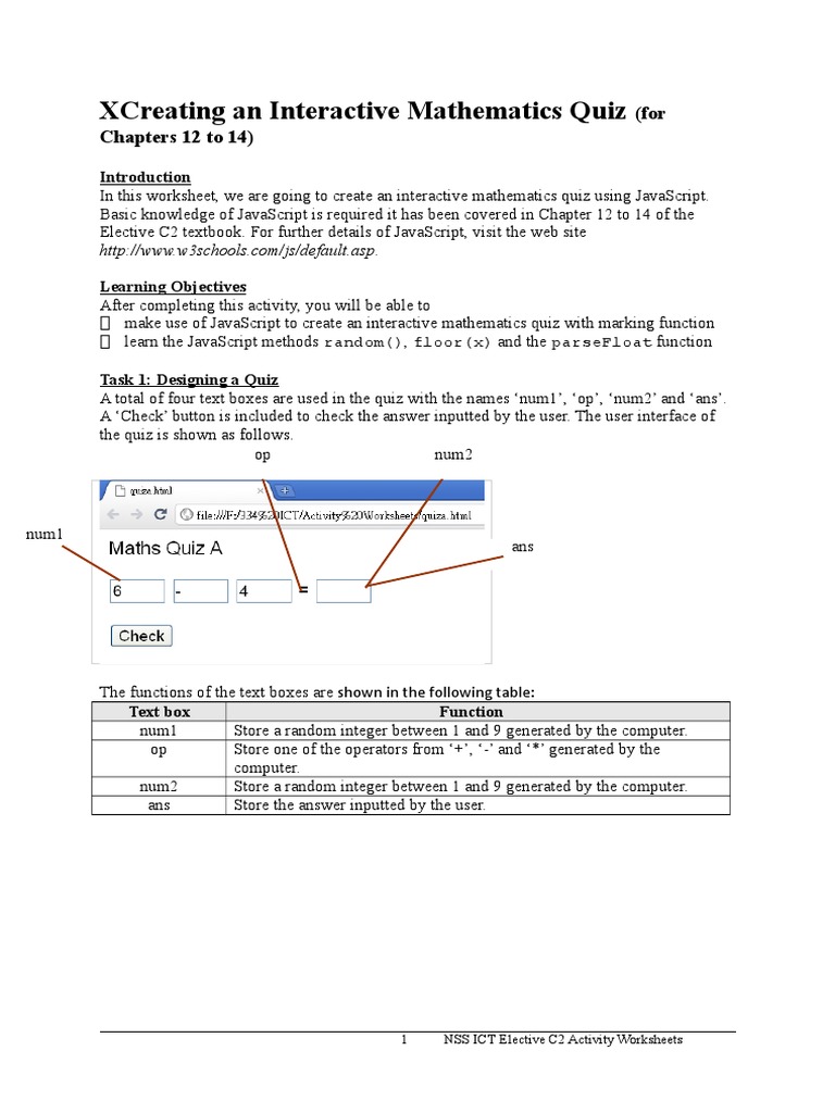 Interactive Math Quiz with JavaScript | PDF | Java Script | Web Page
