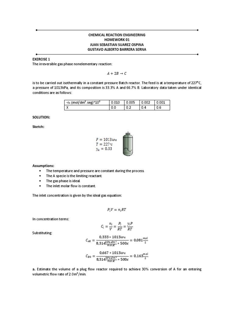 HW 01 Solution | PDF | Chemical Reactor | Reaction Rate