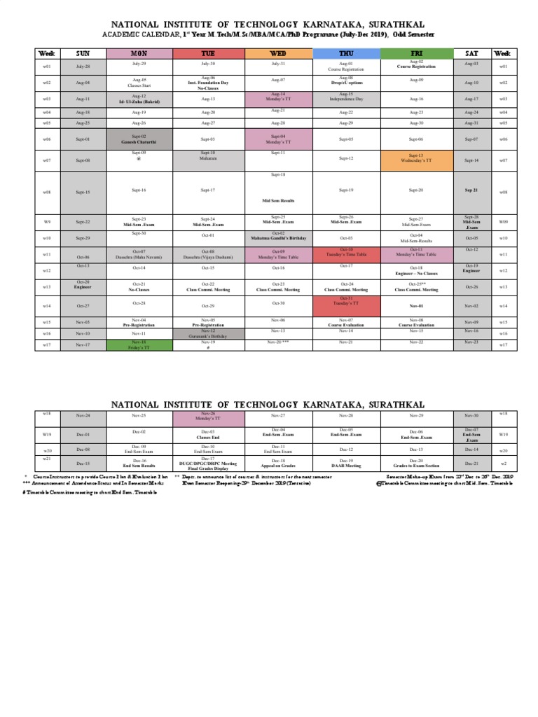 NITK Surathkal Academic Calendar for Odd Semester 2019 PDF