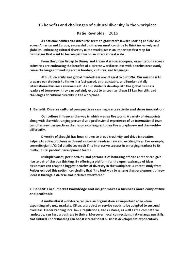 13 Benefits and Challenges of Cultural Diversity in The Workplace | PDF ...
