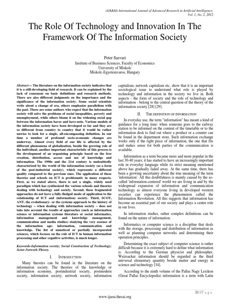 The Role of Technology and Innovation in The Framework of The ...