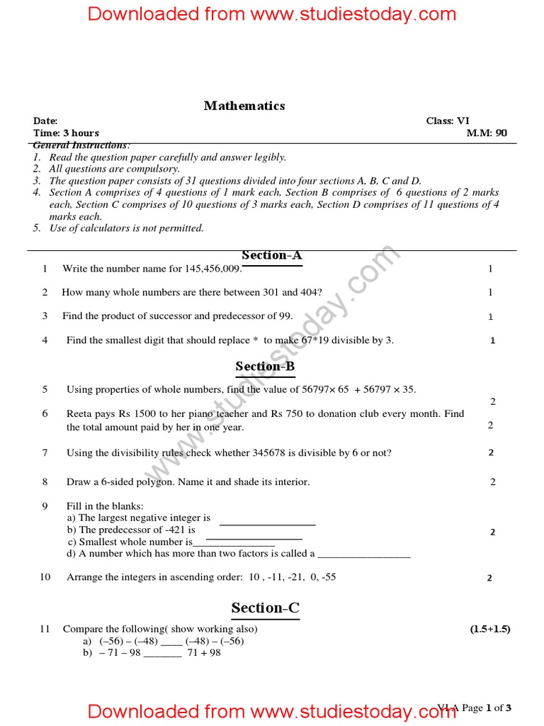 Class VI Mathematics Question Paper | PDF | Integer | Circle