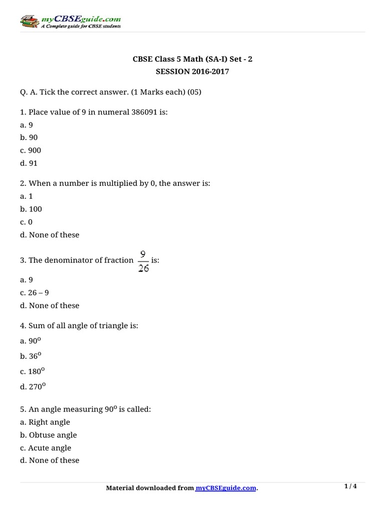 CBSE Class 5 Math (SA-I) Set - 2 SESSION 2016-2017: o o o o | PDF ...