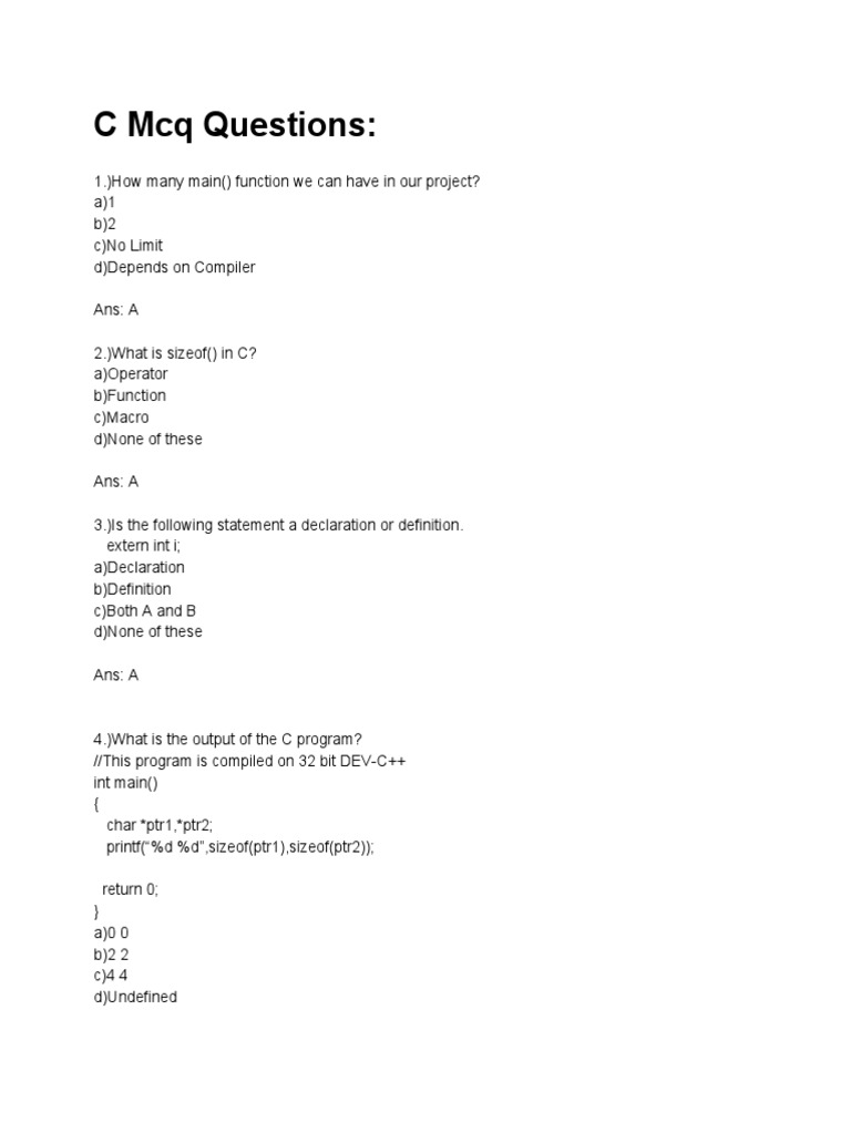 C programming mcq C (Programming Language) Parameter