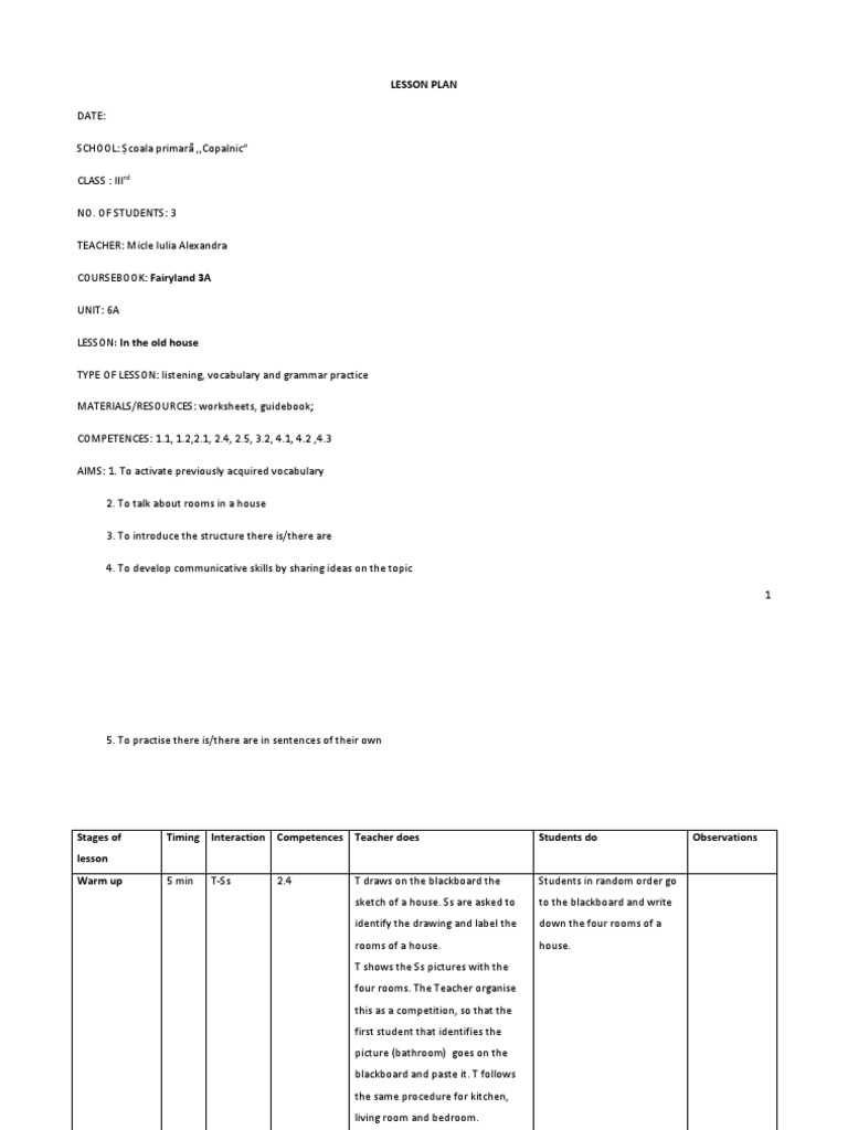 Lesson Plan: Vocabulary on Rooms | PDF | Lesson Plan | Education Theory