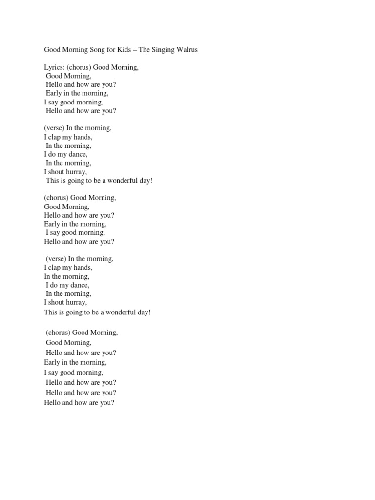The Singing Walrus Hello Song Lyrics Good Morning Song For Kids | PDF