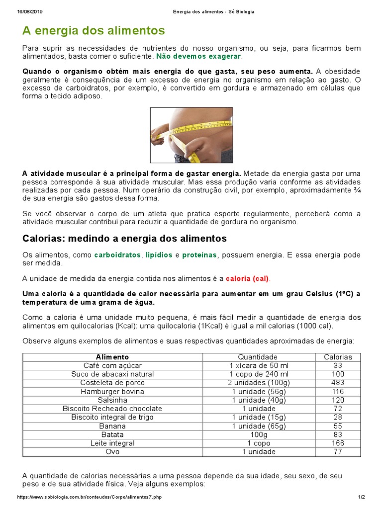 Energia dos Alimentos e Calorias | PDF | Caloria | Alimentos