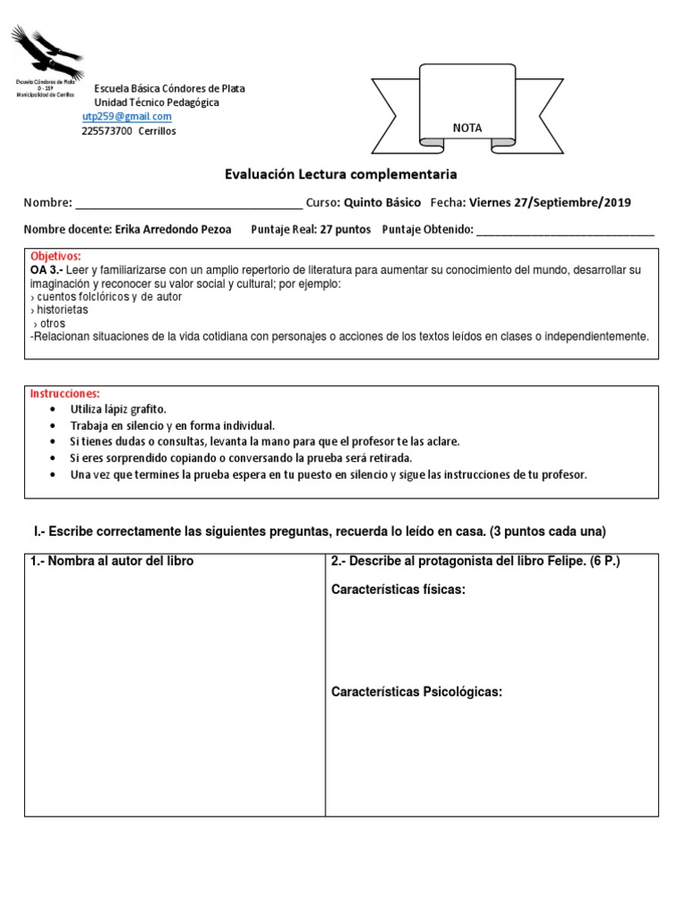 Evaluación de Lectura Quinto Básico | PDF | Artes del Lenguaje y ...