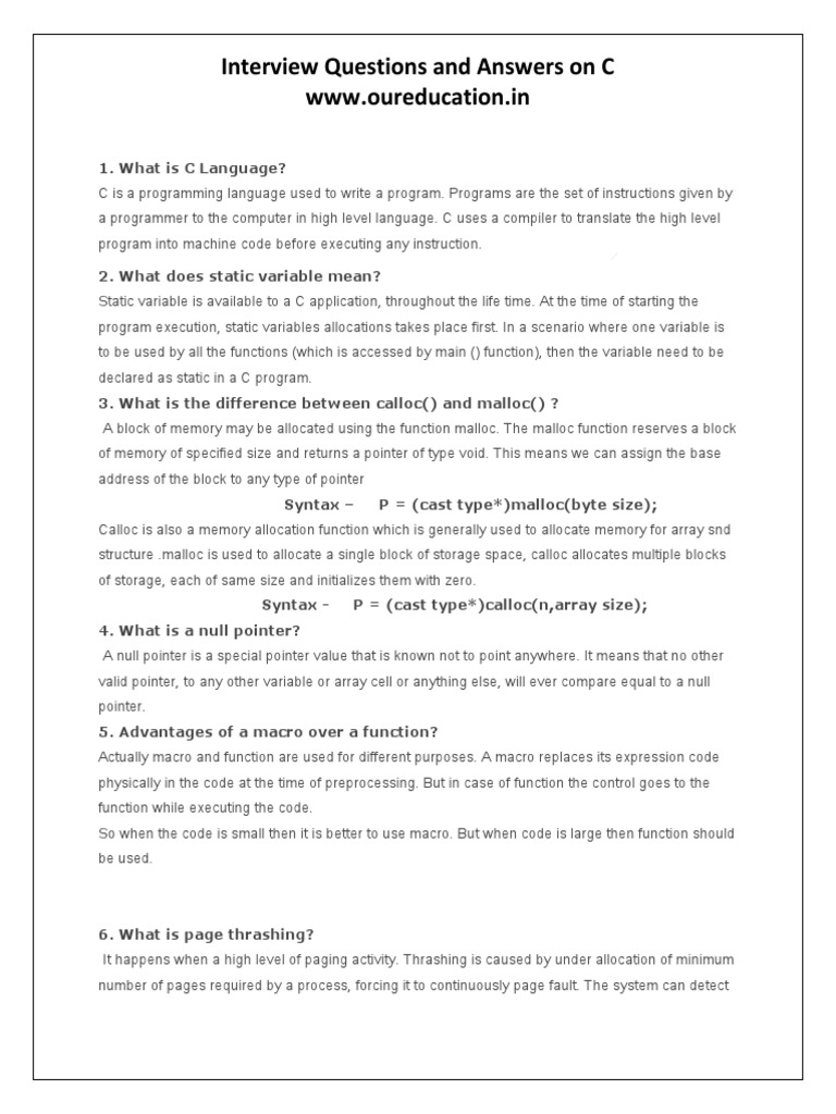 Interview Question and Answers On C1 | PDF | Pointer (Computer ...