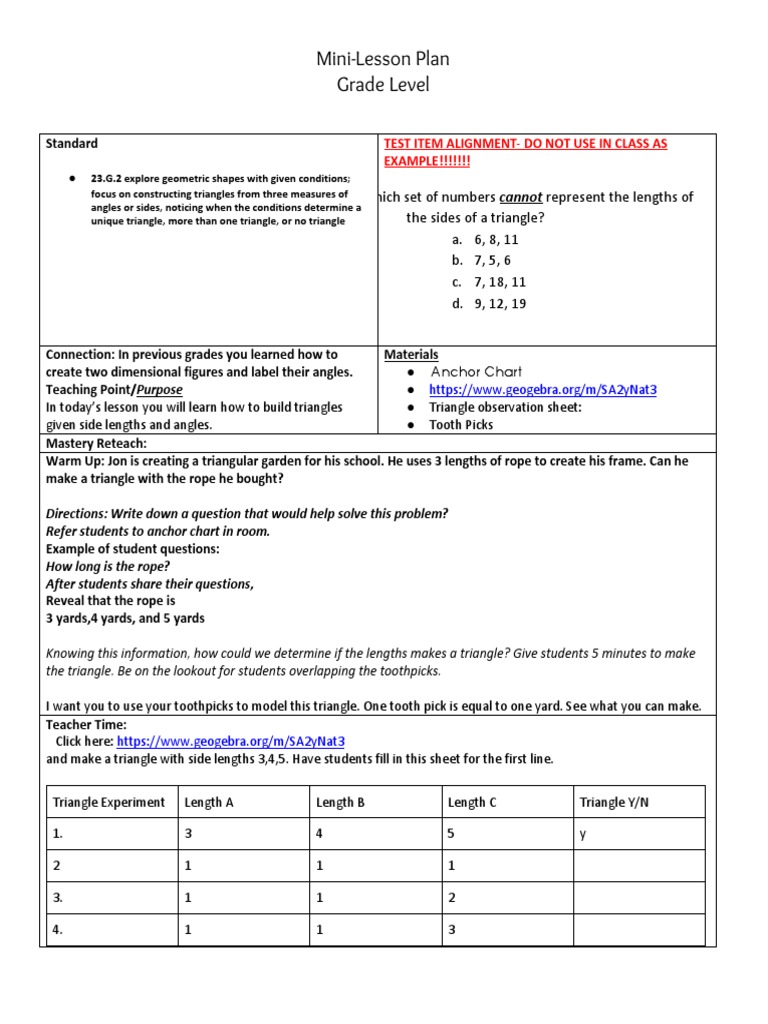 Mini-Lesson Plan Grade Level | PDF | Triangle | Cognition