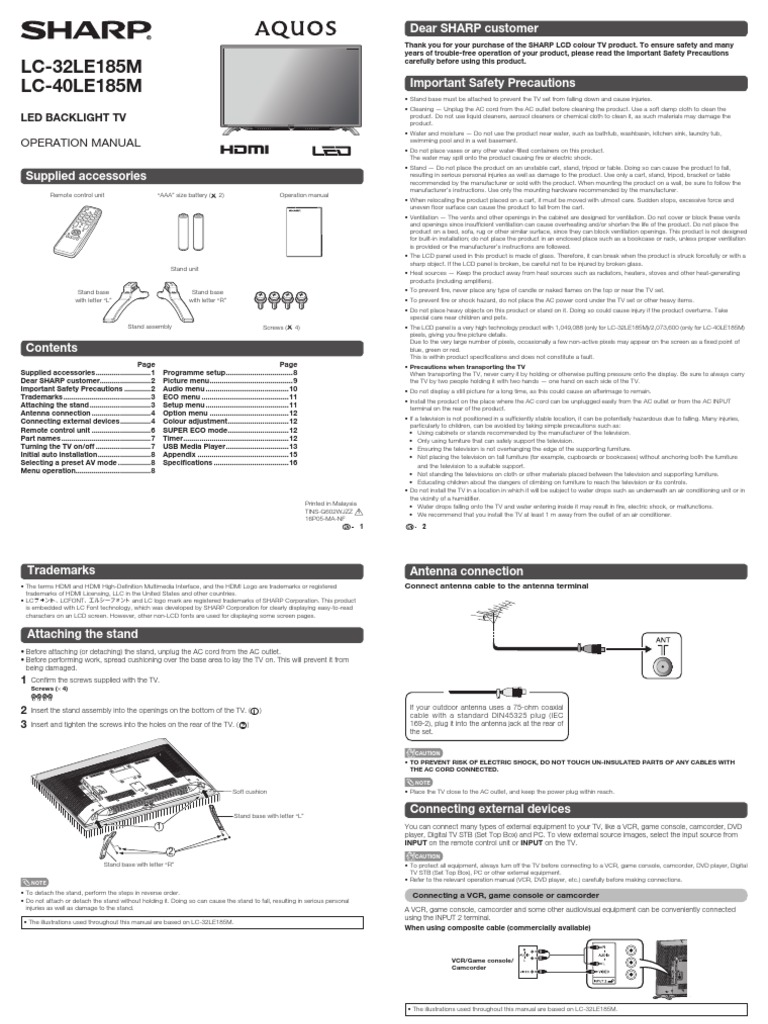 Important Safety Instructions for the SHARP LCD Colour TV LC32LE185M