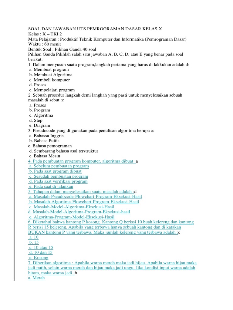 Soal Dan Jawaban Uts Pemrograman Dasar Kelas X Pdf