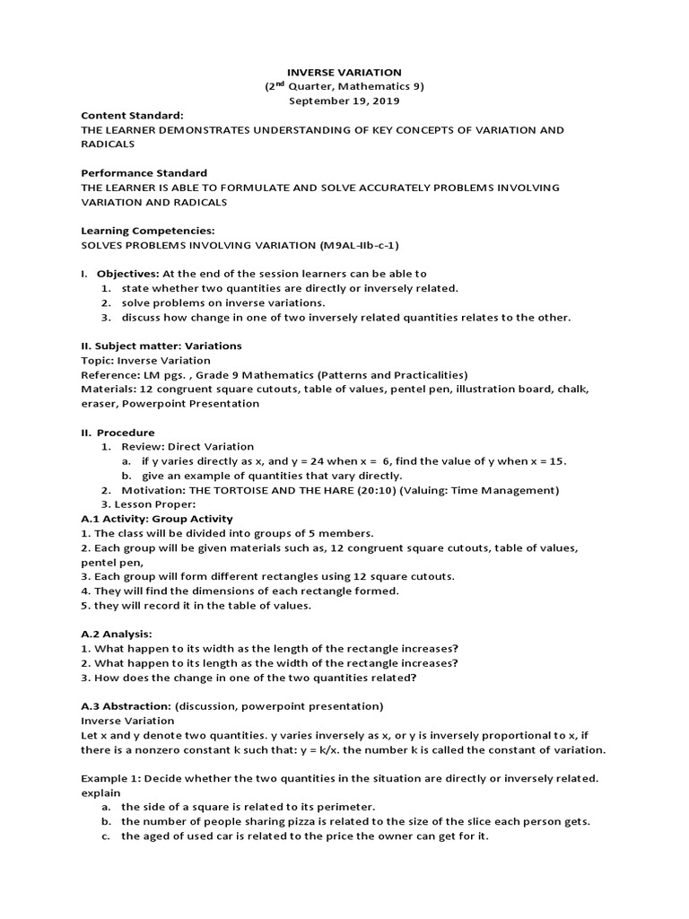 Understanding Inverse Variation: A Lesson Plan for Teaching the Key ...