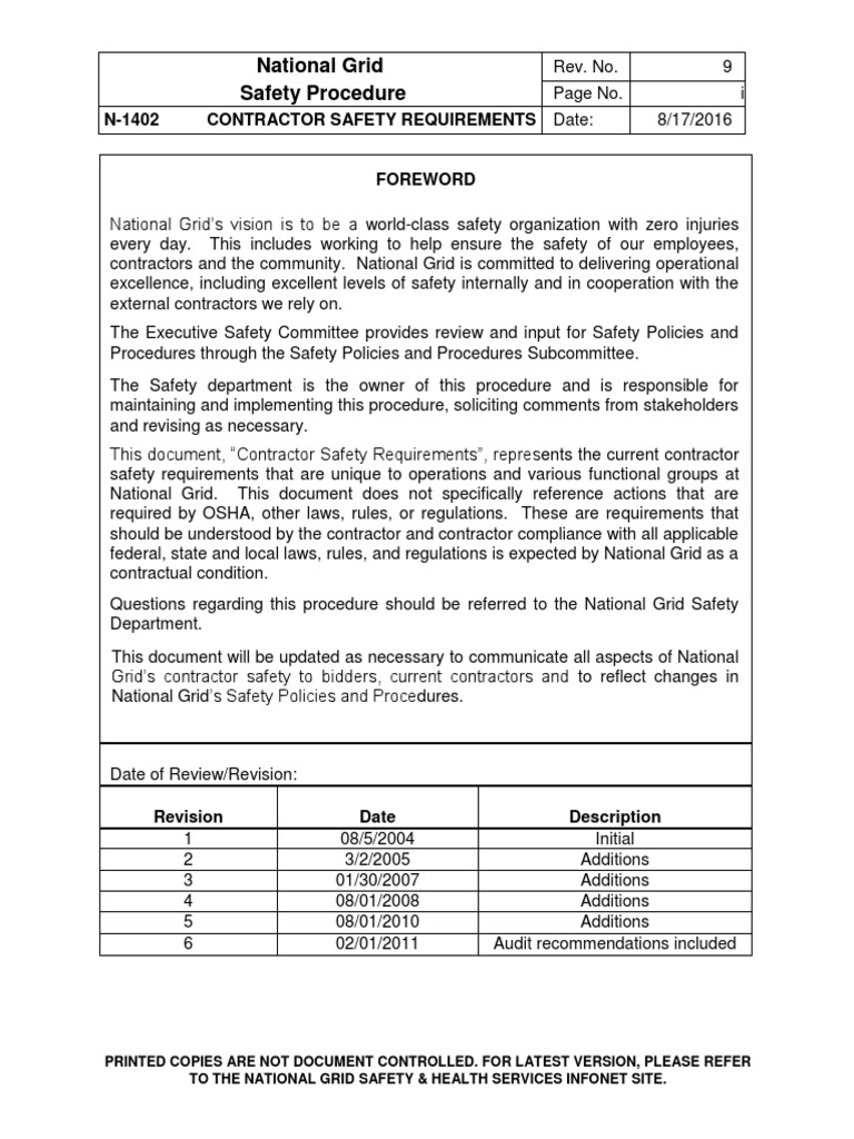 National Grid Safety Procedure N1402 Contractor Safety Requirements