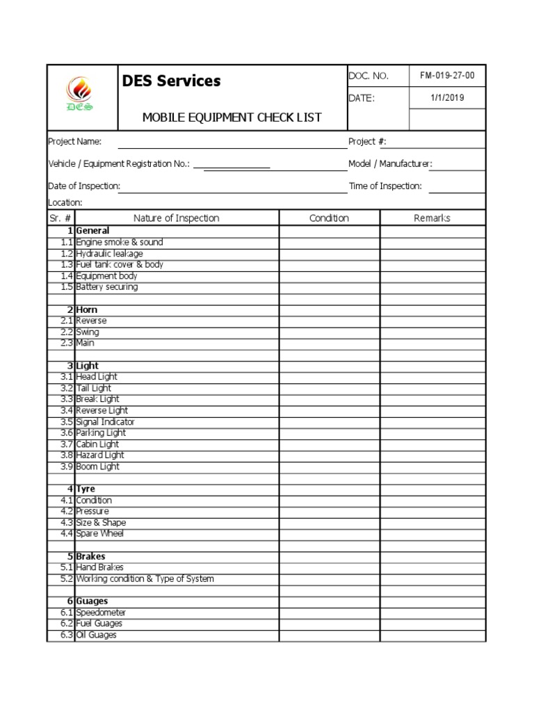 Mobile Equipment Inspection Checklist | PDF | Truck | Window