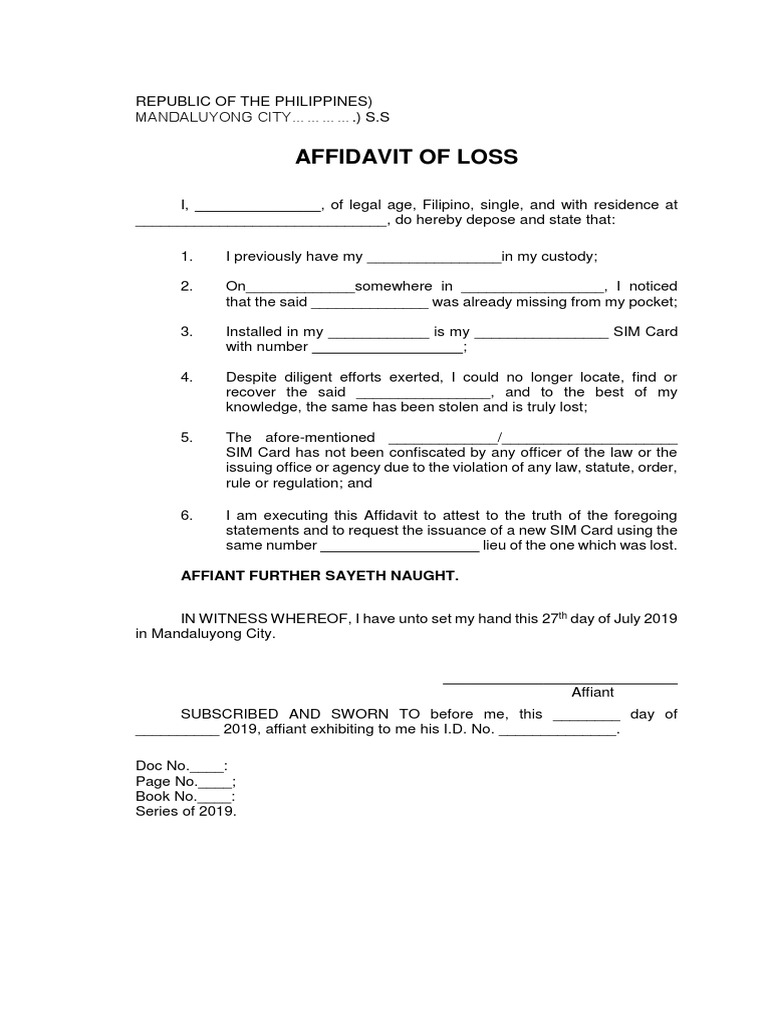 Affidavit of Loss Template - Sim Card ReplacementV21  PDF Pertaining To Sim Card Template Pdf