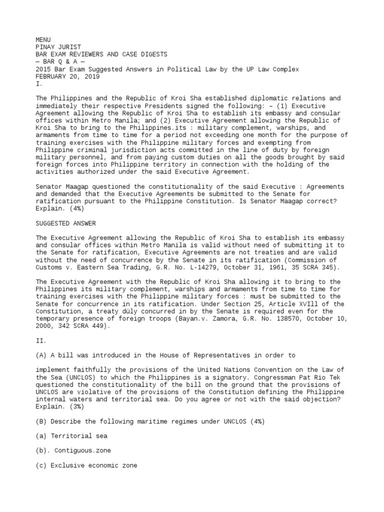 2015 Political Law Bar Questions and Answers PDF Territorial Waters