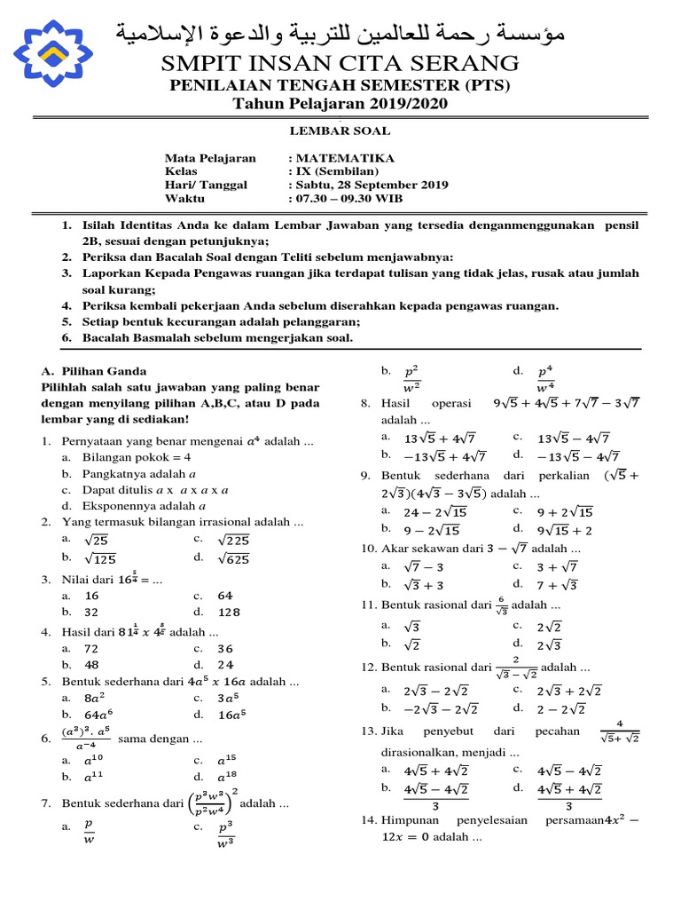 Soal Mid Semester Ganjil Matematika Smp Kelas 9