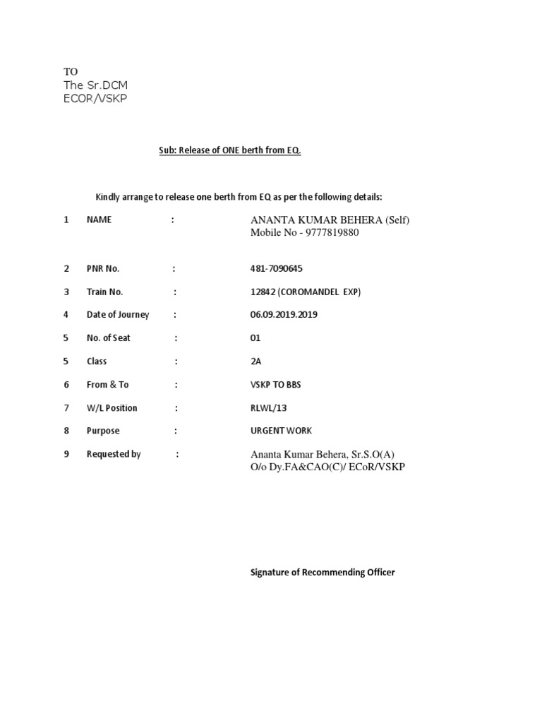 Request to Release Train Berth EQ | PDF