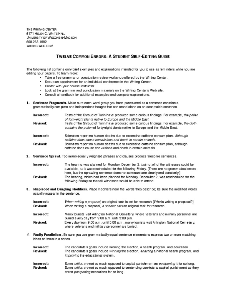 Student Self-Editing Guide: Common Errors | PDF | Pronoun | Comma