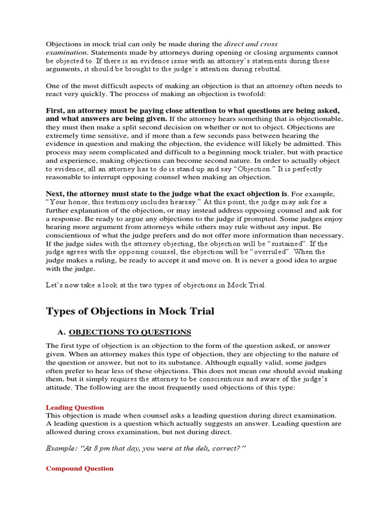 Types of Objections in Mock Trial | PDF | Hearsay | Witness