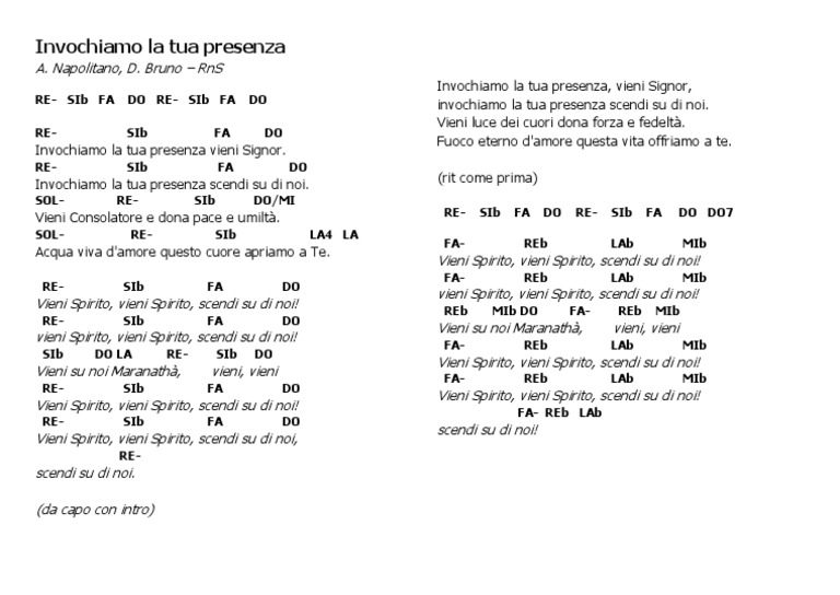 Invochiamo La Tua Presenza Testo Invochiamo La Tua Presenza - Testo