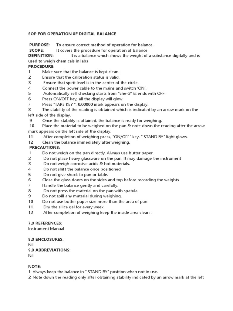 Sop For Operation 0F Digital Balance PURPOSE To Ensure Correct Method of Operation For Balance