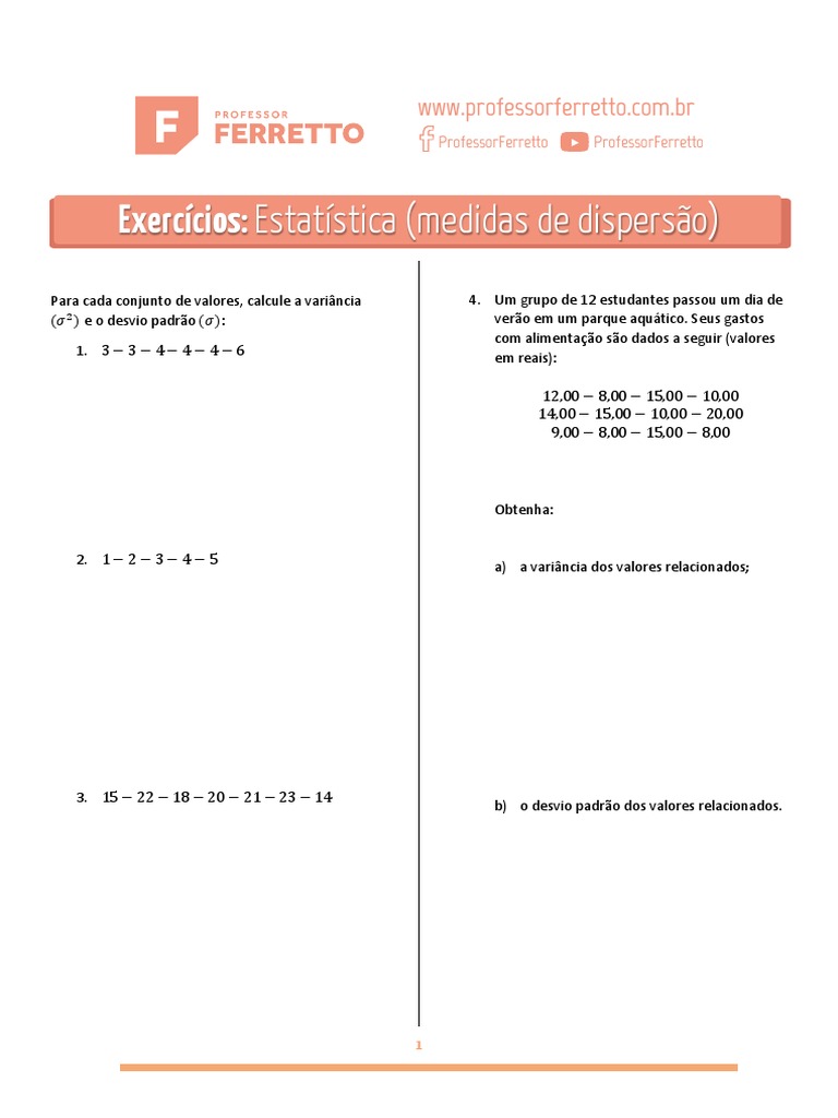 Exercícios de Medidas de Dispersão | PDF | Desvio padrão | Mediana ...