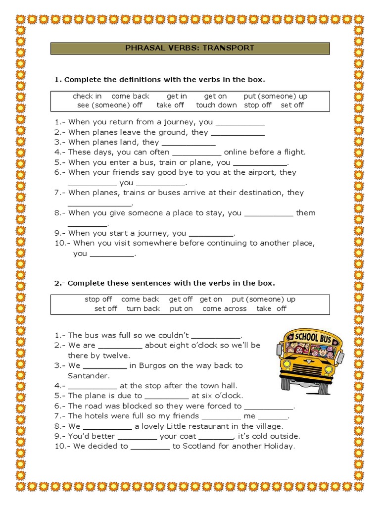 Phrasal Verbs for Transportation Completing Definitions and Sentences with Key Verbs Related to