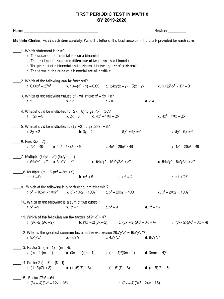 1st Periodic Test - Math 8 | PDF | Vitamin | Vitamin D