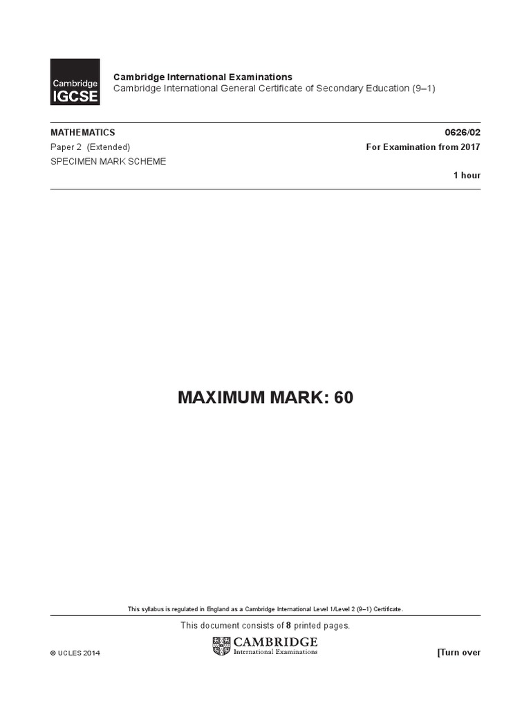 Maximum Mark 60 Cambridge International General Certificate of