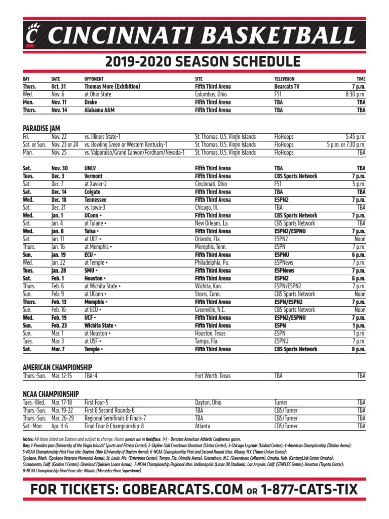 19-20-UC Men's Basketball Schedule | PDF | Sports