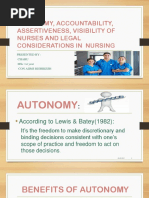 Autonomy, Accountability, Assertiveness, Visibility of Nurses and Legal Considerations in Nursing