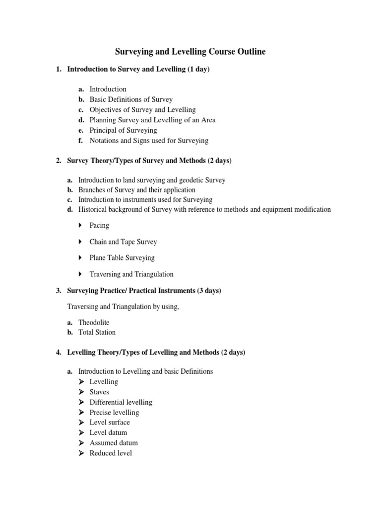 Detailed Course Outline of Survey and Levelling Course (2 Weeks Course