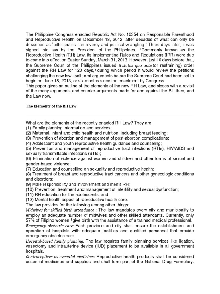 Status Quo Ante The Elements of The RH Law PDF Reproductive Health
