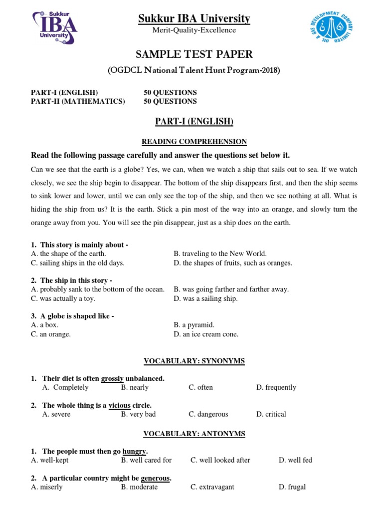 OGDCL Talent Hunt Sample Test Paper | PDF | Grammatical Tense | Linguistics