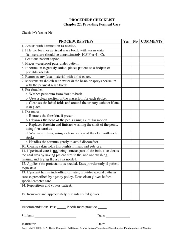 Procedure Checklist Chapter 22: Providing Perineal Care | PDF