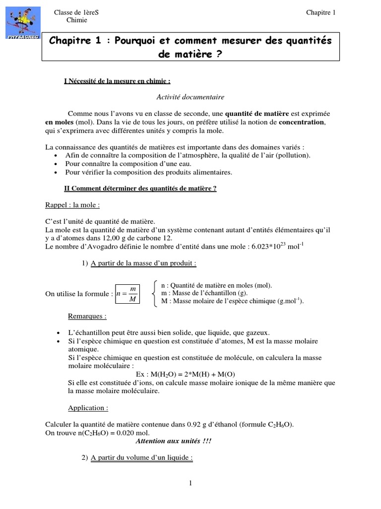 chimie chapitre1 mesures quantite matiere pdf pdf concentration molaire mole unite