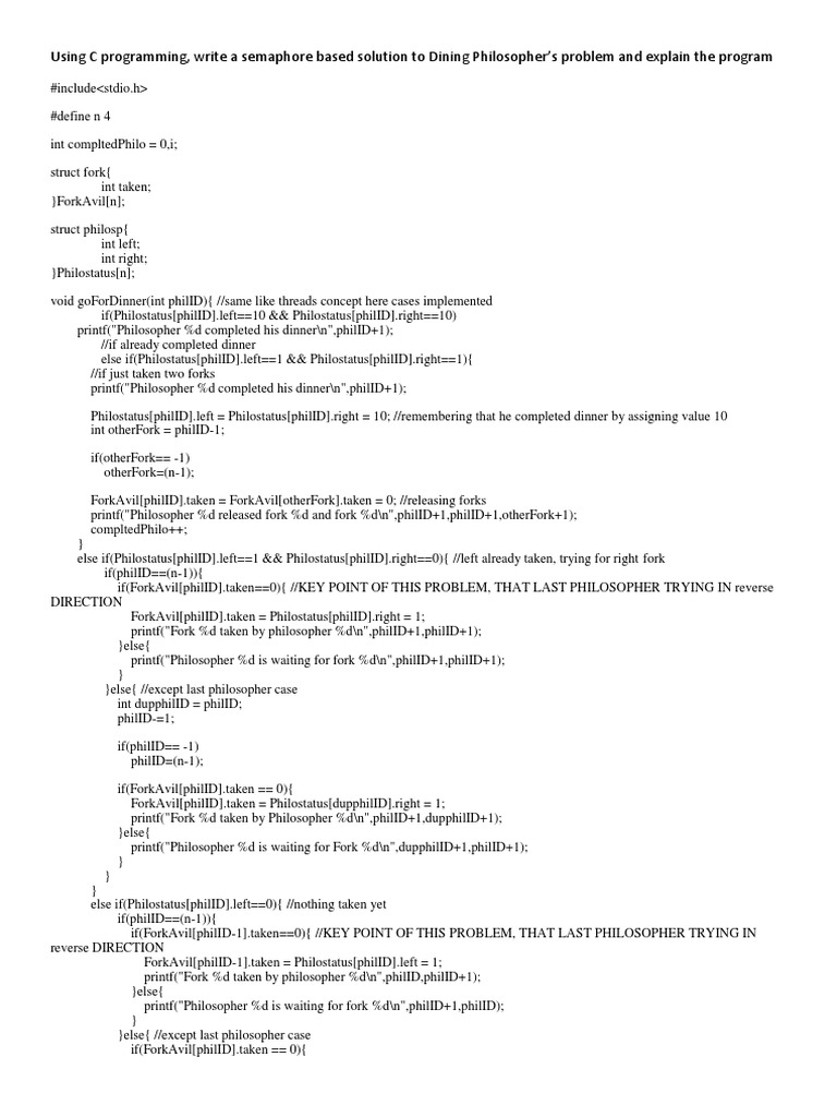 Using C Programming, Write A Semaphore Based Solution To Dining ...