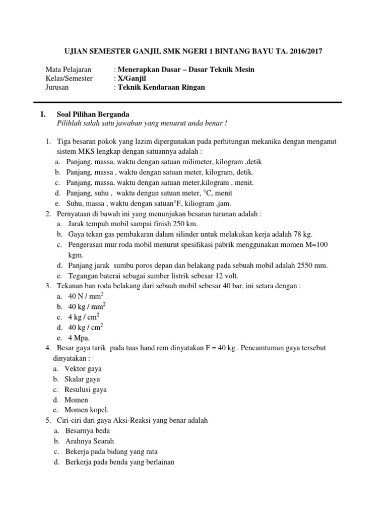 Kelas X Tkr Soal Sistem Menerapkan Dasar Dasar Teknik Mesin