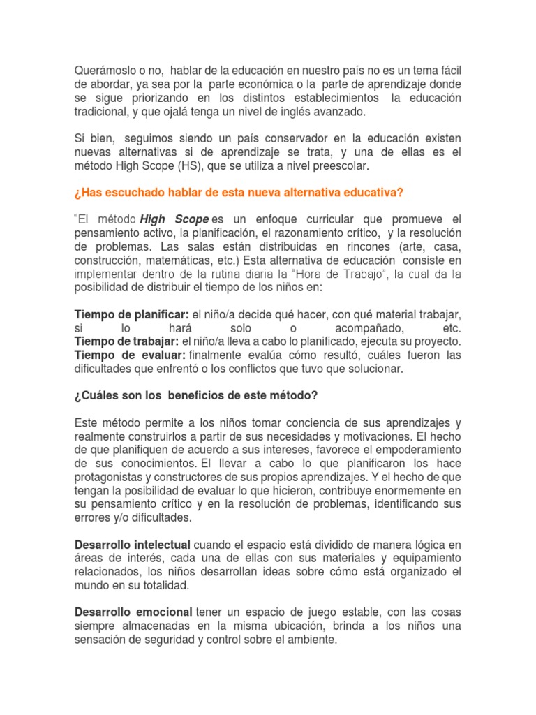 Método High Scope en Educación Preescolar | PDF | Planificación ...