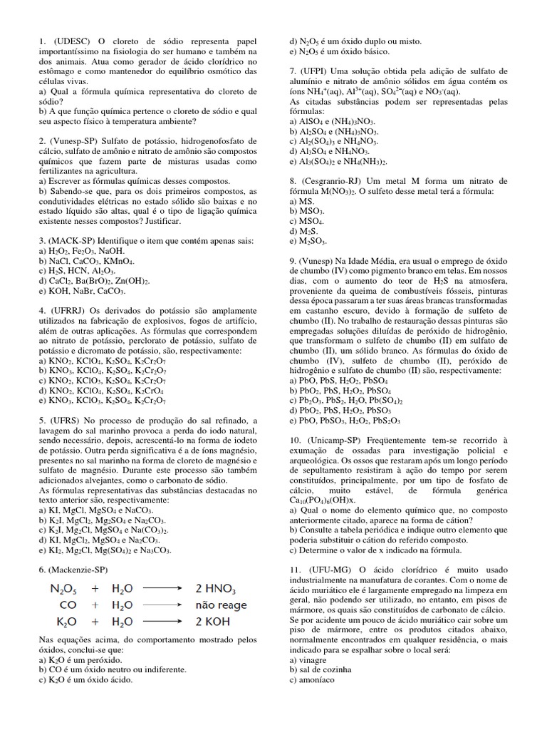 Fórmulas e Funções de Sais Inorgânicos | PDF | Poluição | Ácido