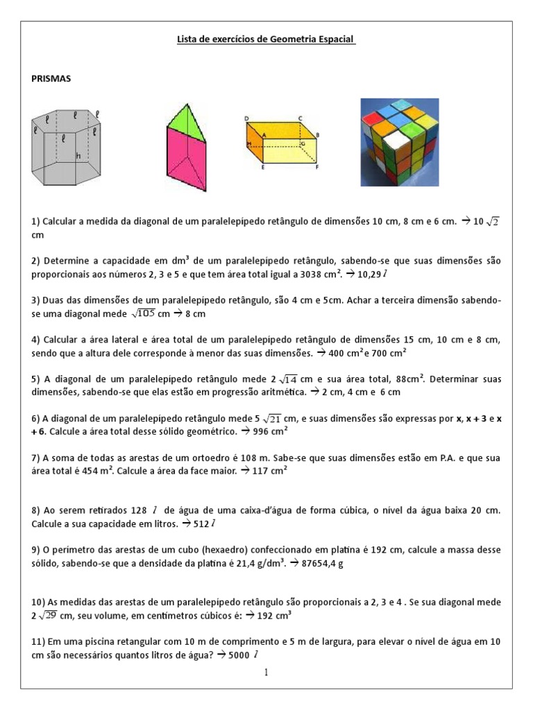 Lista de exercícios de geometria espacial com questões sobre prismas ...