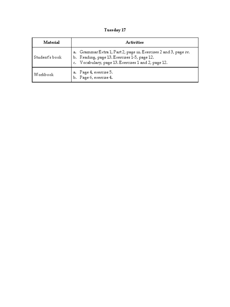 Tuesday Activities Overview | PDF